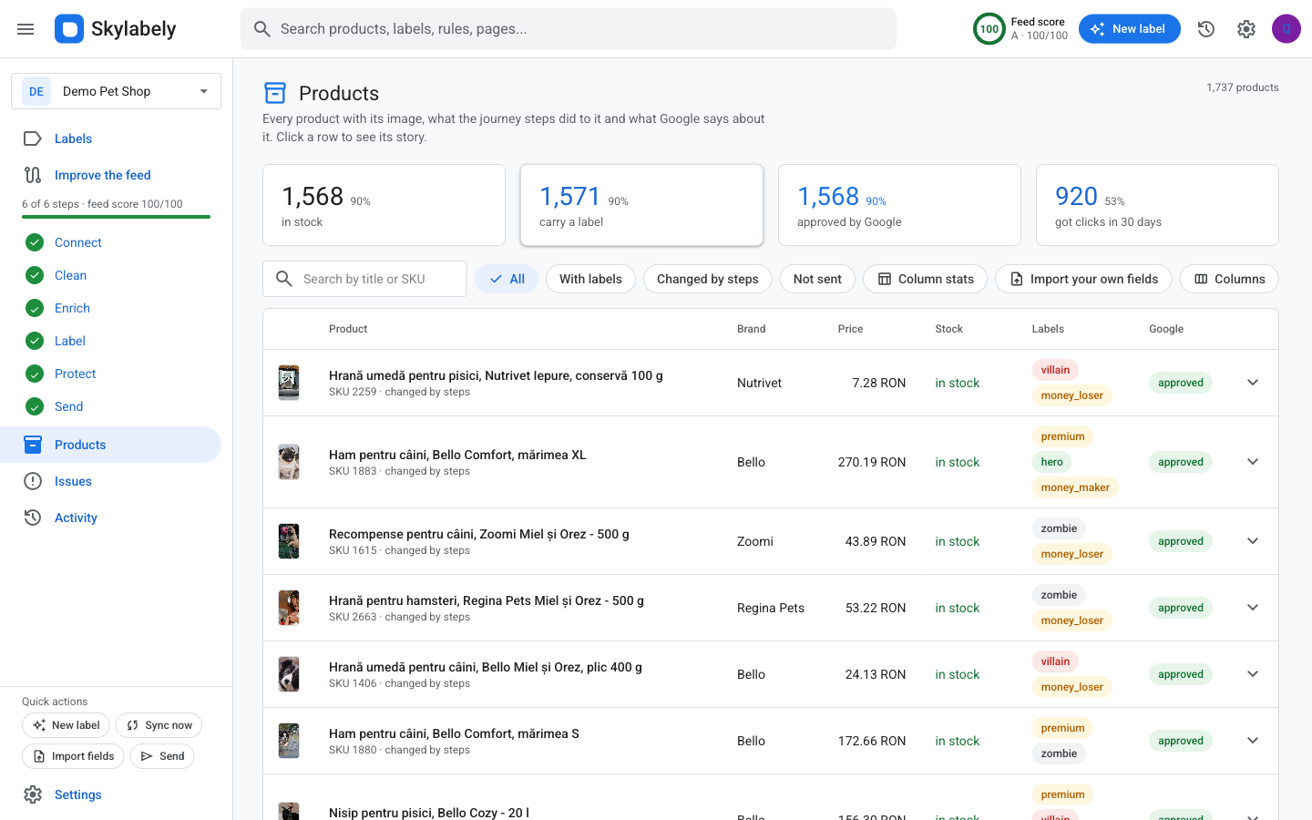 Tabelul de produse cu etichete, verdictul Google și coloane alese de tine