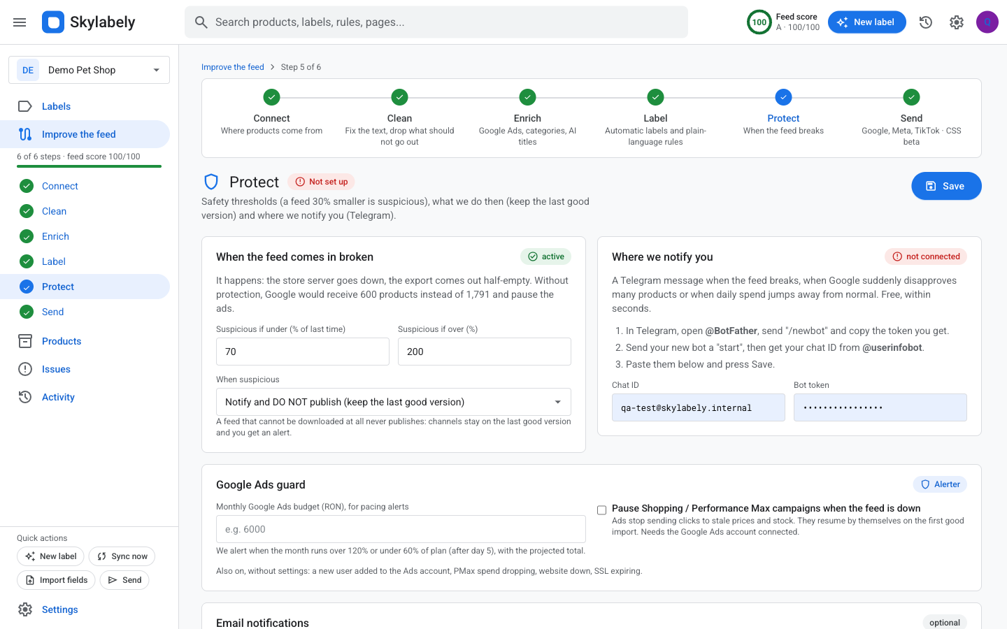 Protect: praguri, ultima versiune bună, alerte pe email și Telegram, Google Ads guard