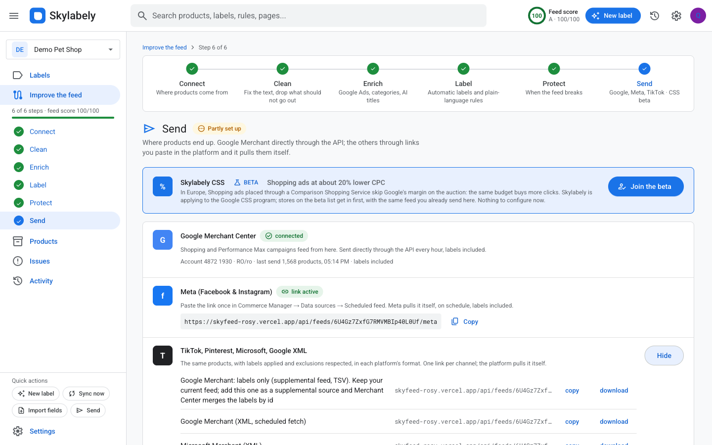 Send: Google Merchant conectat, linkuri de feed pentru fiecare canal